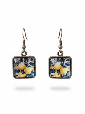 🍋 Vintage Retro Mediterranean Lemon Square Glass Cabochon Dangle Earrings